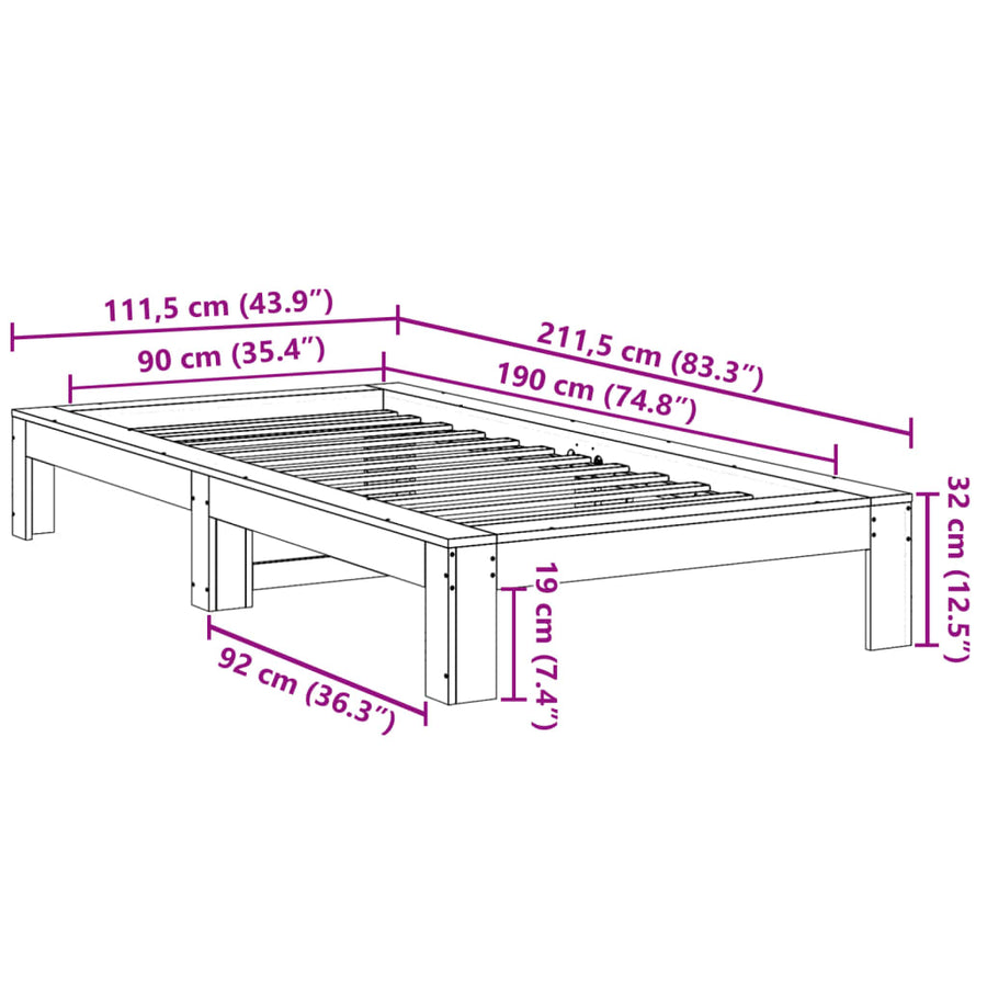 Bedframe zonder matras massief grenenhout wit 90x190 cm
