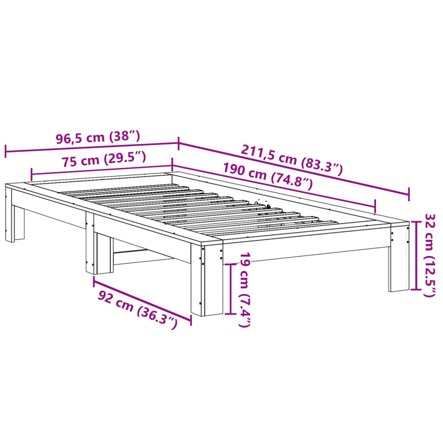 Bedframe zonder matras massief grenenhout wit 75x190 cm