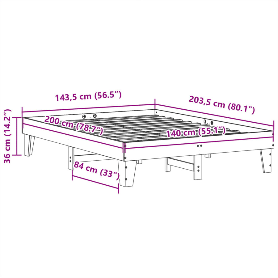 Bedframe zonder matras massief grenenhout wit 140x200 cm