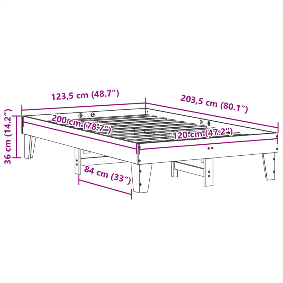 Bedframe zonder matras massief grenenhout wit 120x200 cm