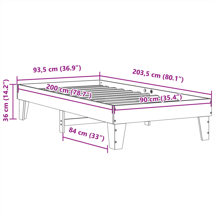 Bedframe zonder matras massief grenenhout wit 90x200 cm