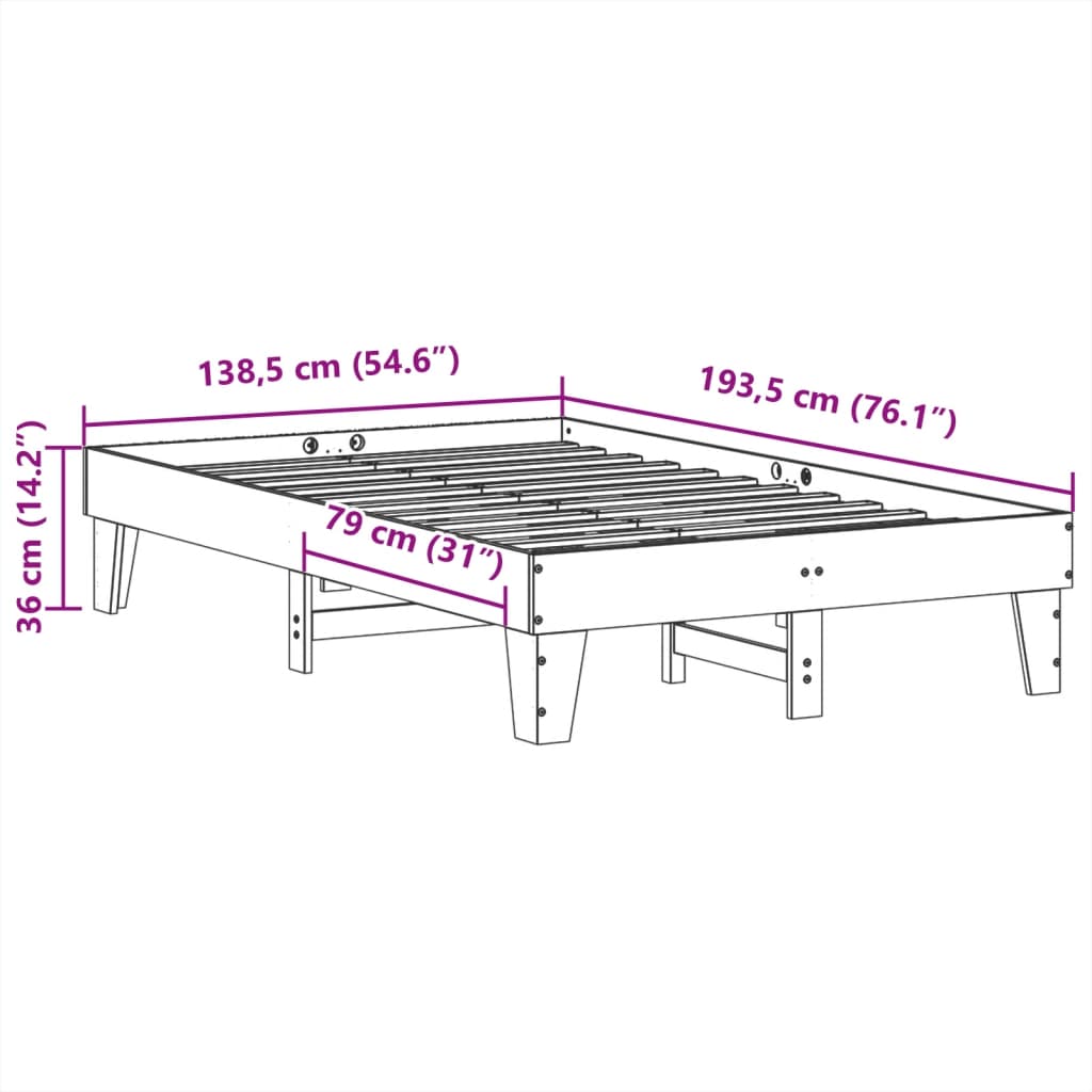Bedframe zonder matras massief grenenhout wit 135x190 cm