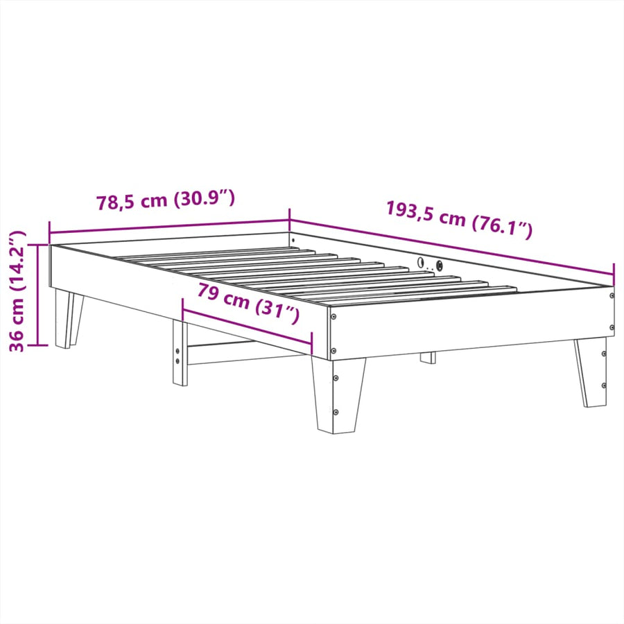 Bedframe zonder matras massief grenenhout wit 75x190 cm