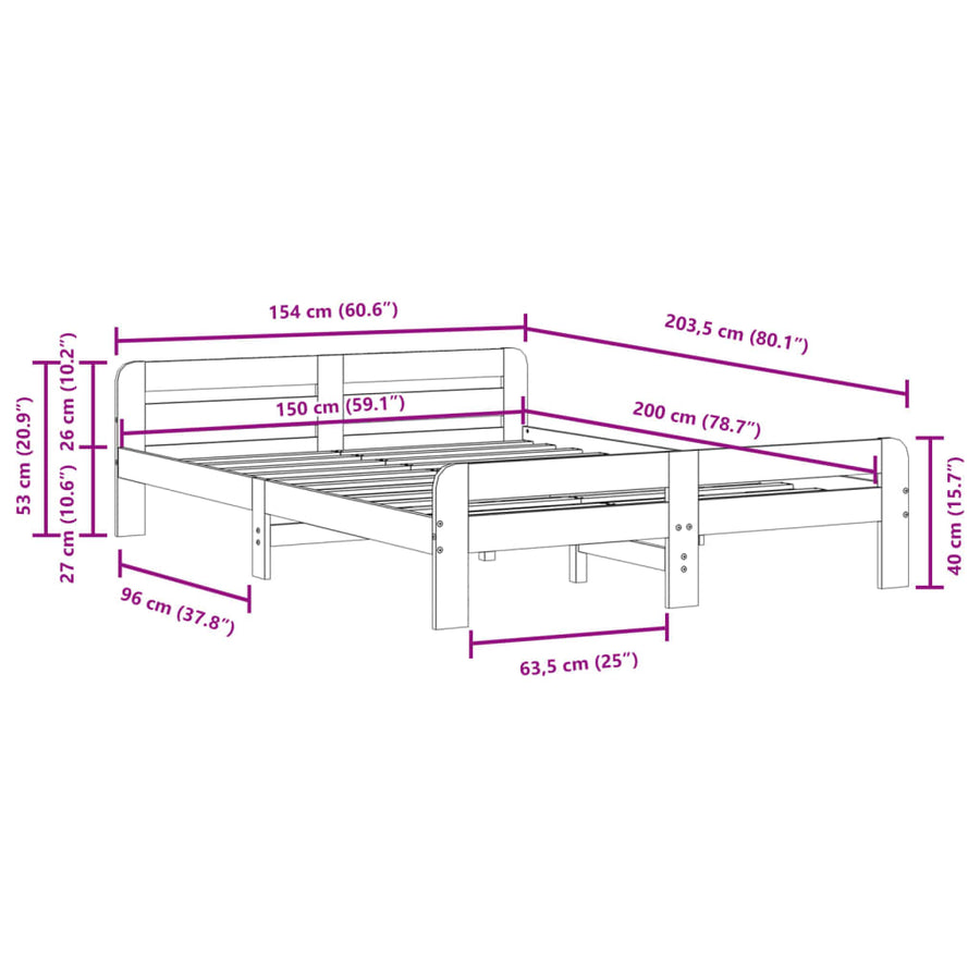Bedframe zonder matras massief grenenhout 150x200 cm