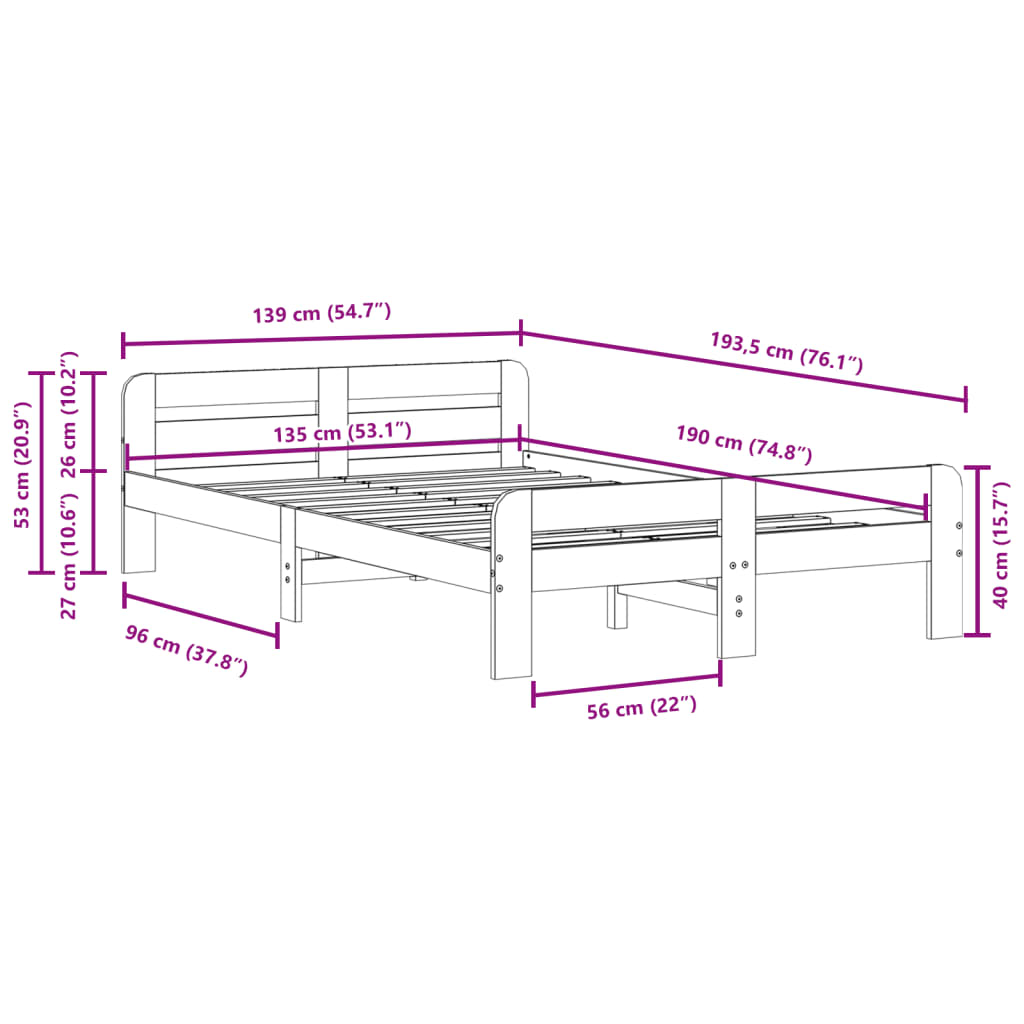 Bedframe zonder matras massief grenenhout wasbruin 135x190 cm