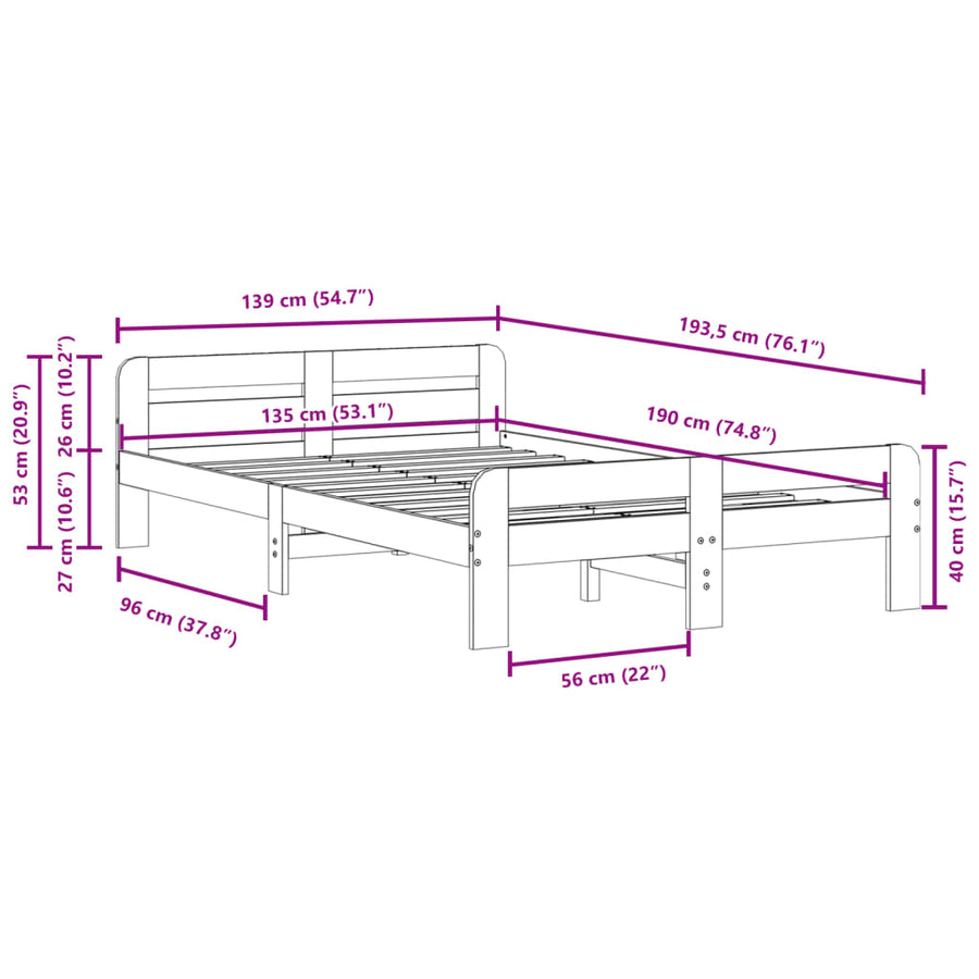 Bedframe zonder matras massief grenenhout wasbruin 135x190 cm