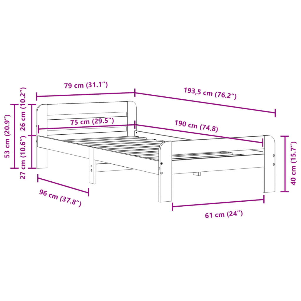 Bedframe zonder matras massief grenenhout wasbruin 75x190 cm