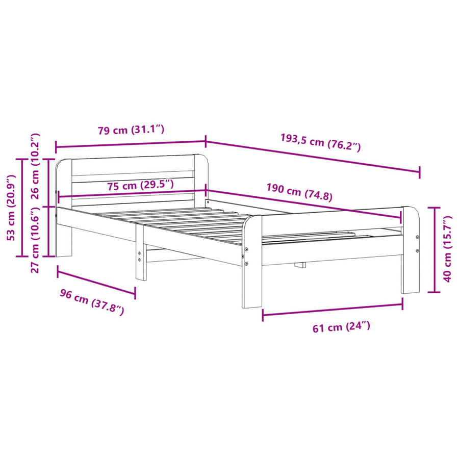 Bedframe zonder matras massief grenenhout wasbruin 75x190 cm