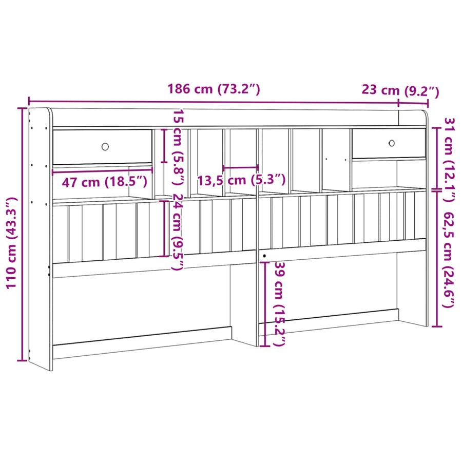 Hoofdbord met opbergruimte 180 cm massief grenenhout wit