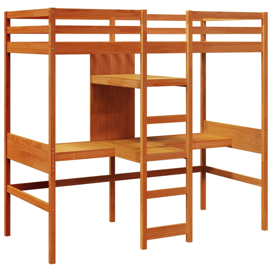 Hoogslaper met bureau en schappen grenenhout wasbruin 90x200cm