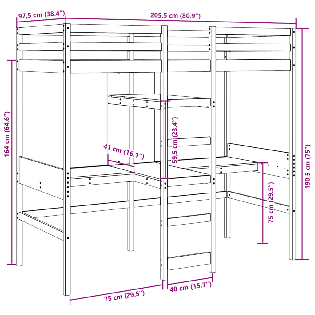 Hoogslaper met bureau en schappen grenenhout wasbruin 90x200cm
