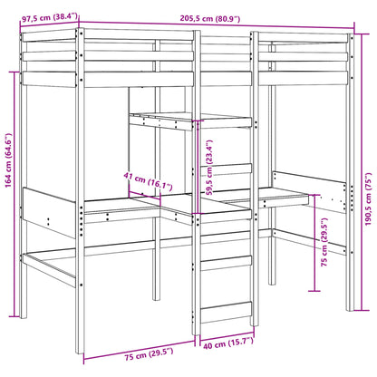 Hoogslaper met bureau en schappen grenenhout wasbruin 90x200cm