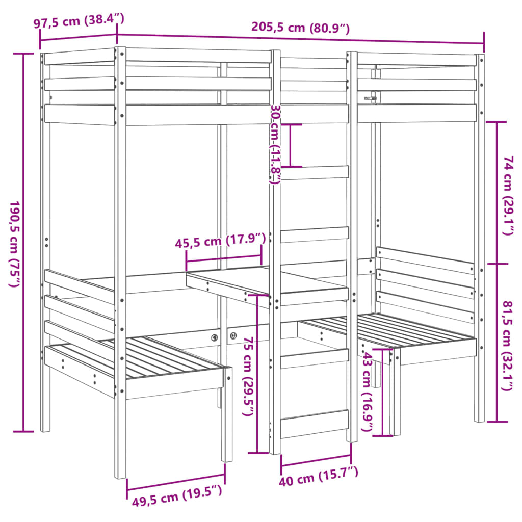 Hoogslaper met bureau en stoelen massief grenenhout 90x200cm