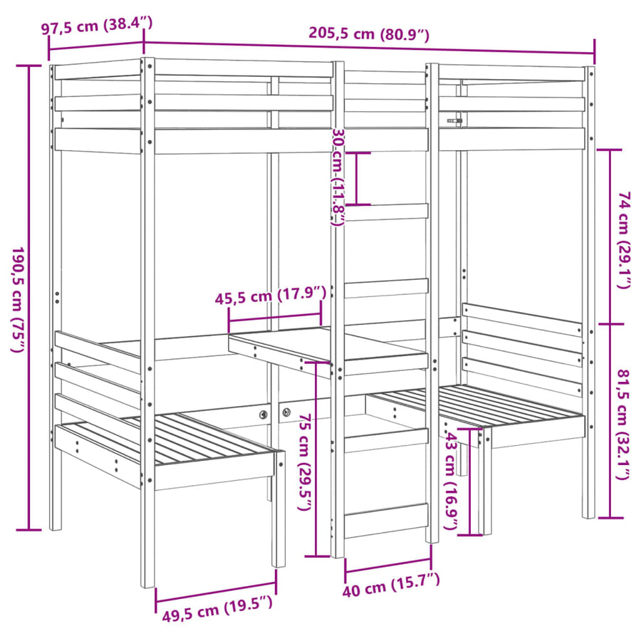 Hoogslaper met bureau en stoelen massief grenenhout 90x200cm