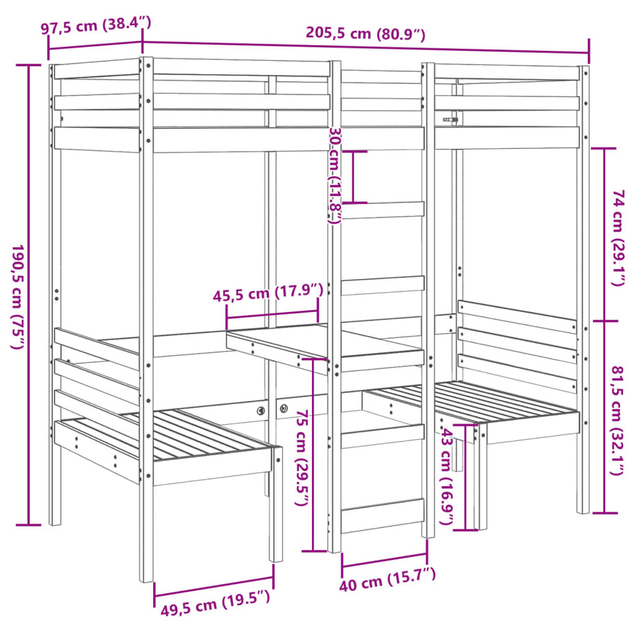 Hoogslaper met bureau en stoelen grenenhout wit 90x200cm