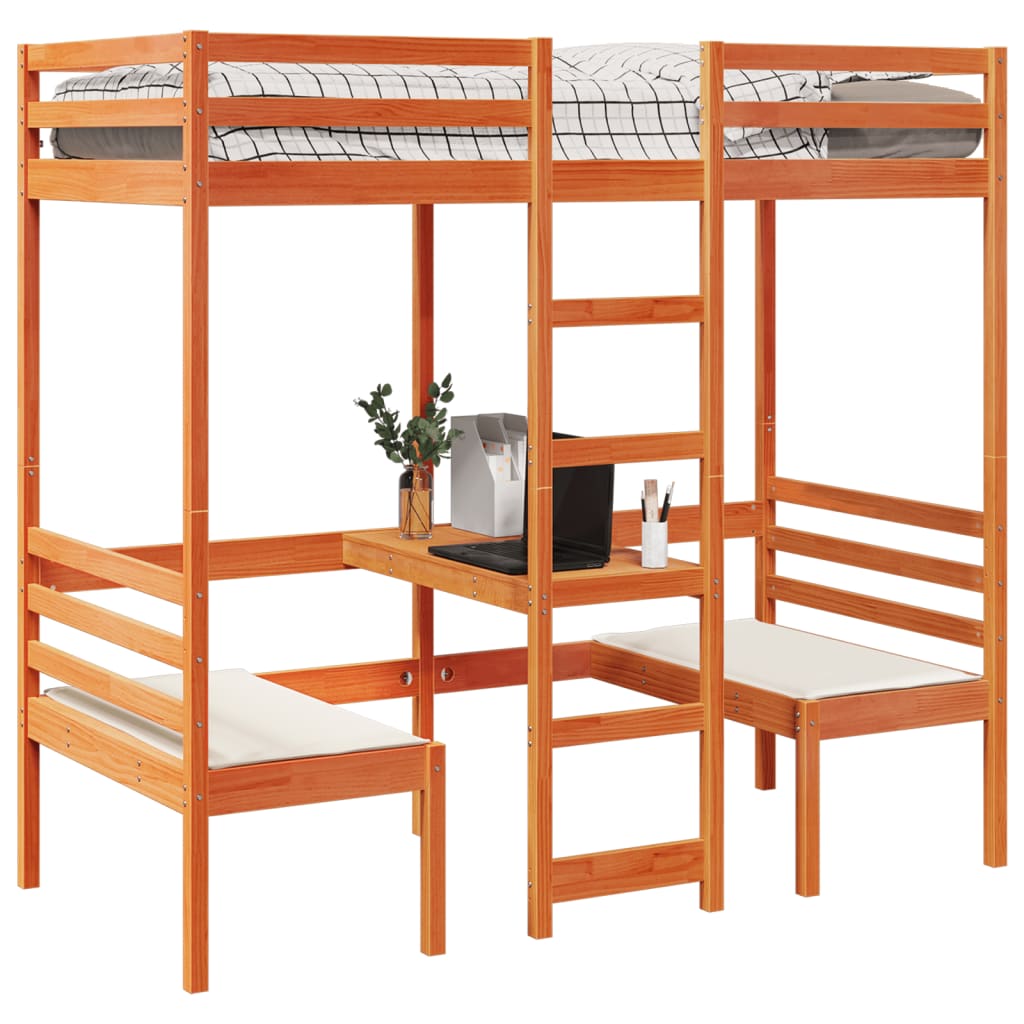 Hoogslaper met bureau en stoelen grenenhout wasbruin 90x200cm