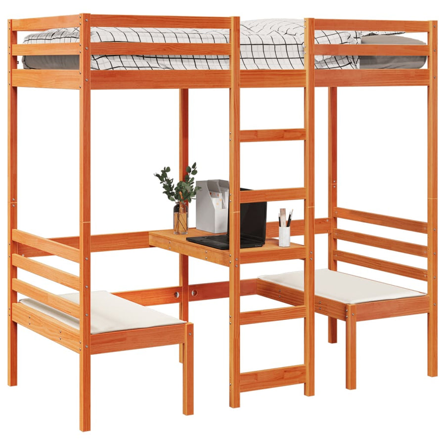 Hoogslaper met bureau en stoelen grenenhout wasbruin 90x200cm