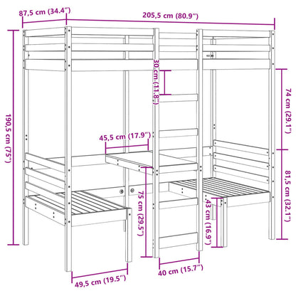 Hoogslaper met bureau en stoelen massief grenenhout 80x200cm