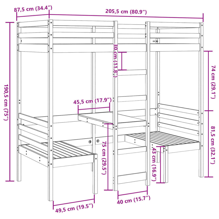 Hoogslaper met bureau en stoelen massief grenenhout 80x200cm