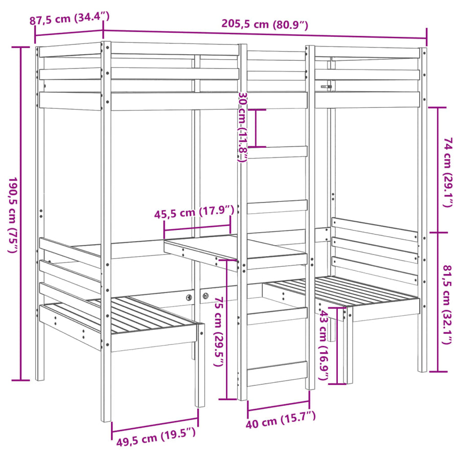 Hoogslaper met bureau en stoelen grenenhout wasbruin 80x200cm