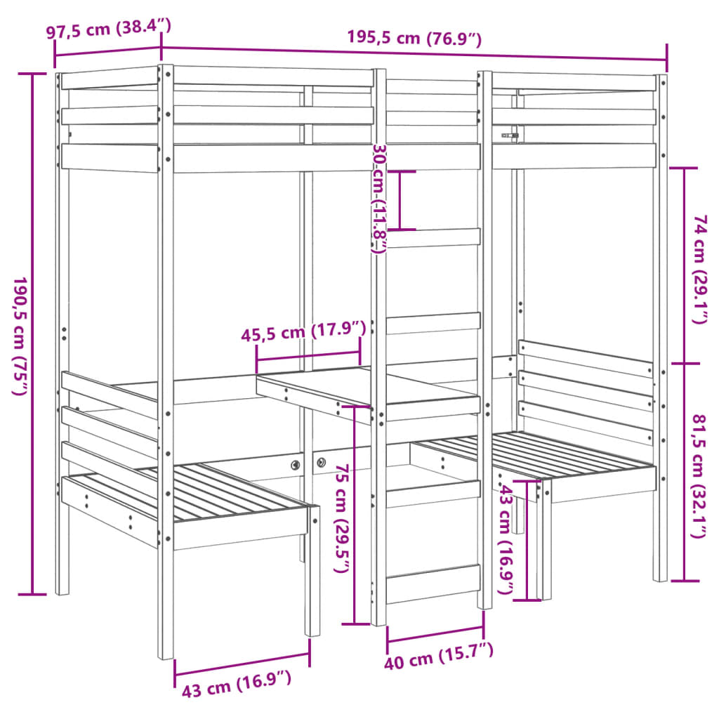 Hoogslaper met bureau en stoelen massief grenenhout 90x190cm