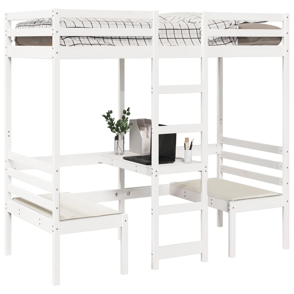 Hoogslaper met bureau en stoelen grenenhout wit 90x190 cm
