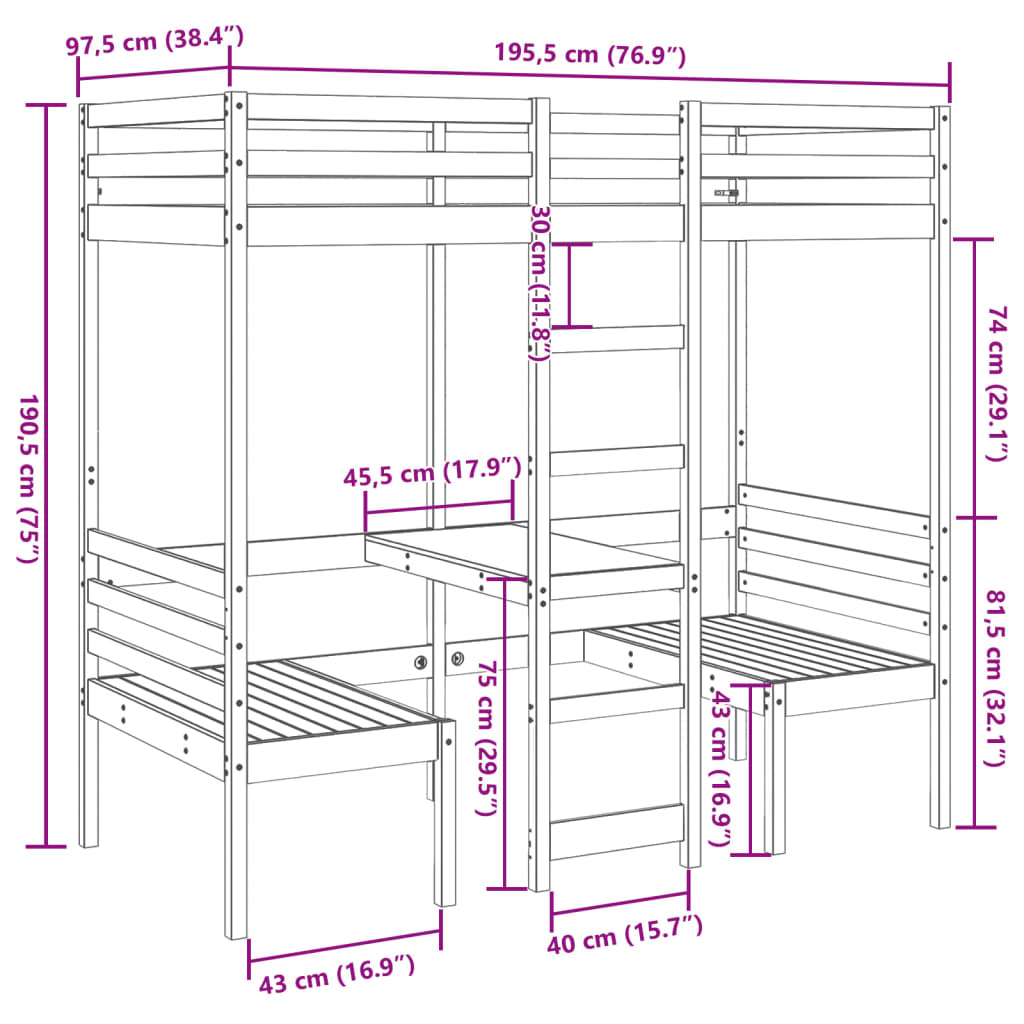 Hoogslaper met bureau en stoelen grenenhout wit 90x190 cm