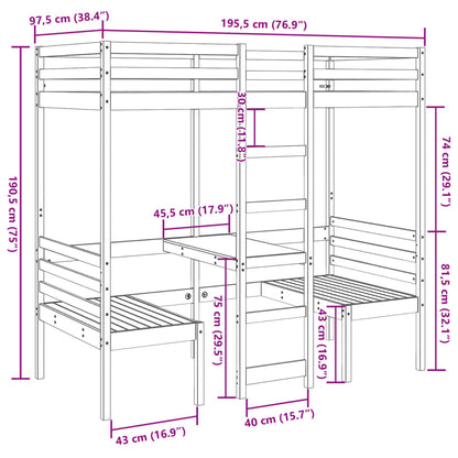 Hoogslaper met bureau en stoelen grenenhout wit 90x190 cm