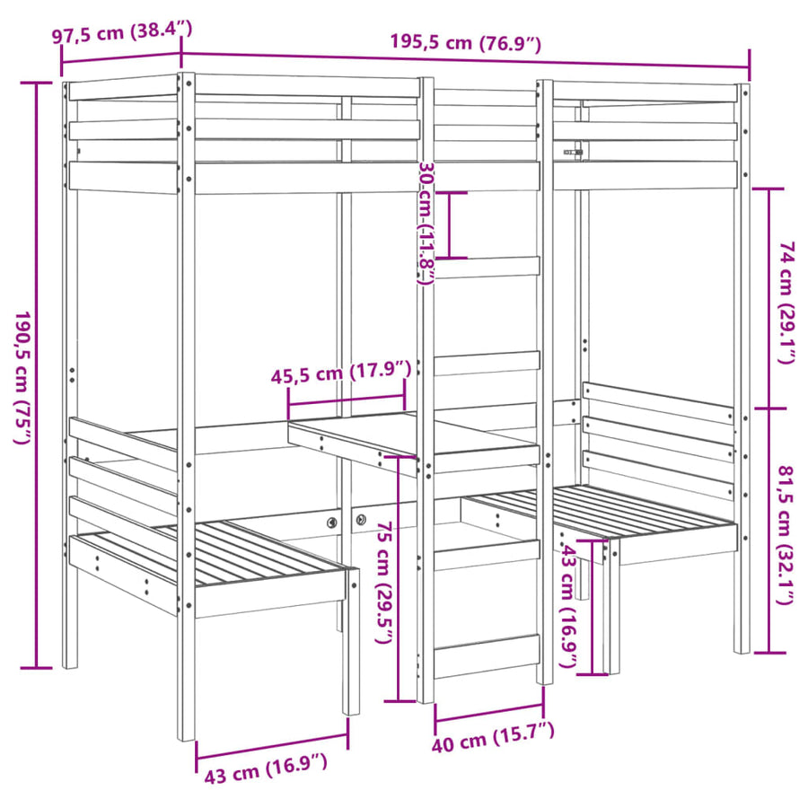 Hoogslaper met bureau en stoelen grenenhout wit 90x190 cm