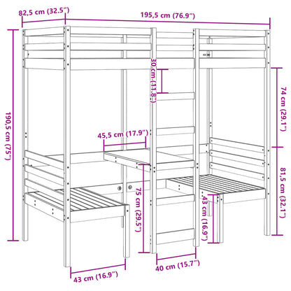 Hoogslaper met bureau en stoelen massief grenenhout 75x190 cm
