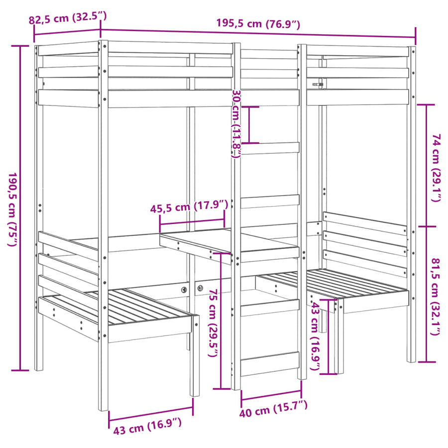 Hoogslaper met bureau en stoelen massief grenenhout 75x190 cm