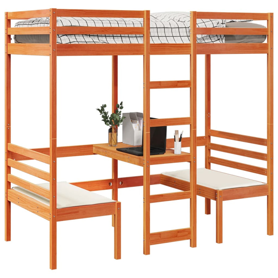 Hoogslaper met bureau en stoelen grenenhout wasbruin 75x190 cm