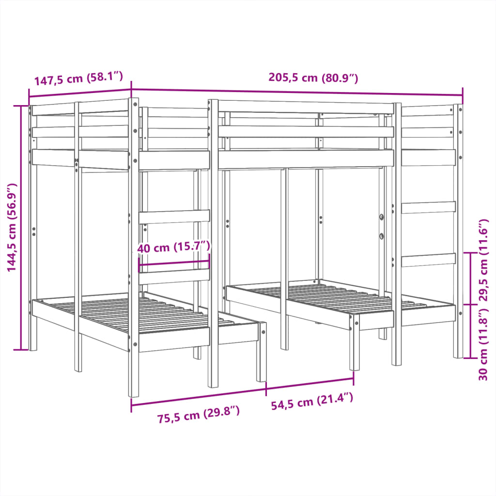 Stapelbed 3-Voudig Grenenhout 140 x 200/70 x 140 cm Wit