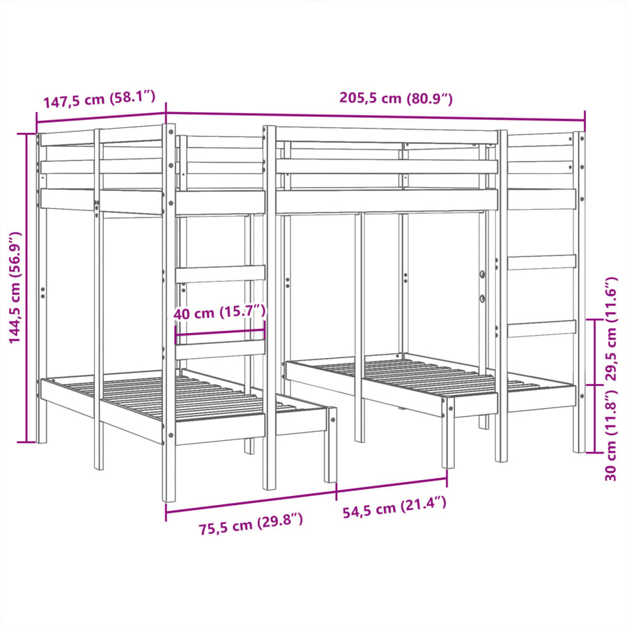 Stapelbed 3-Voudig Grenenhout 140 x 200/70 x 140 cm Wit
