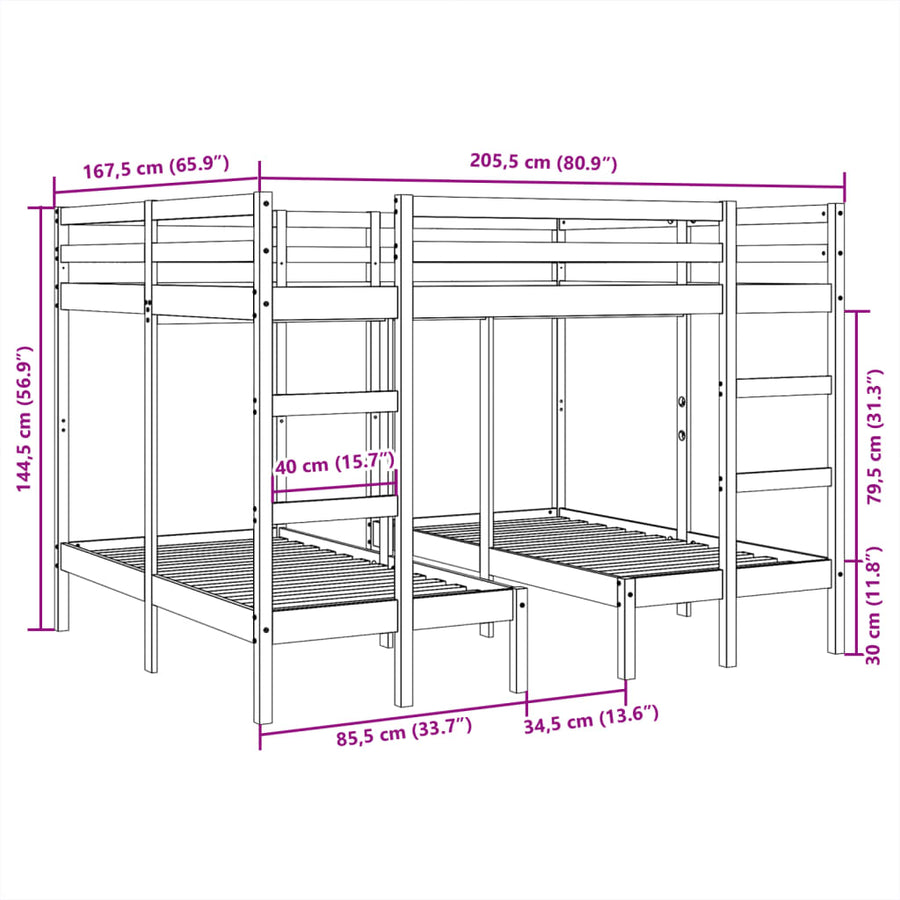 Stapelbed 3-voudig massief grenenhout 140x200/70x140 cm