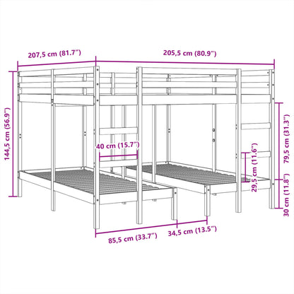 Stapelbed 3-voudig grenenhout wit 140x200/70x140 cm