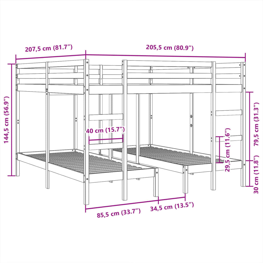 Stapelbed 3-voudig grenenhout wit 140x200/70x140 cm