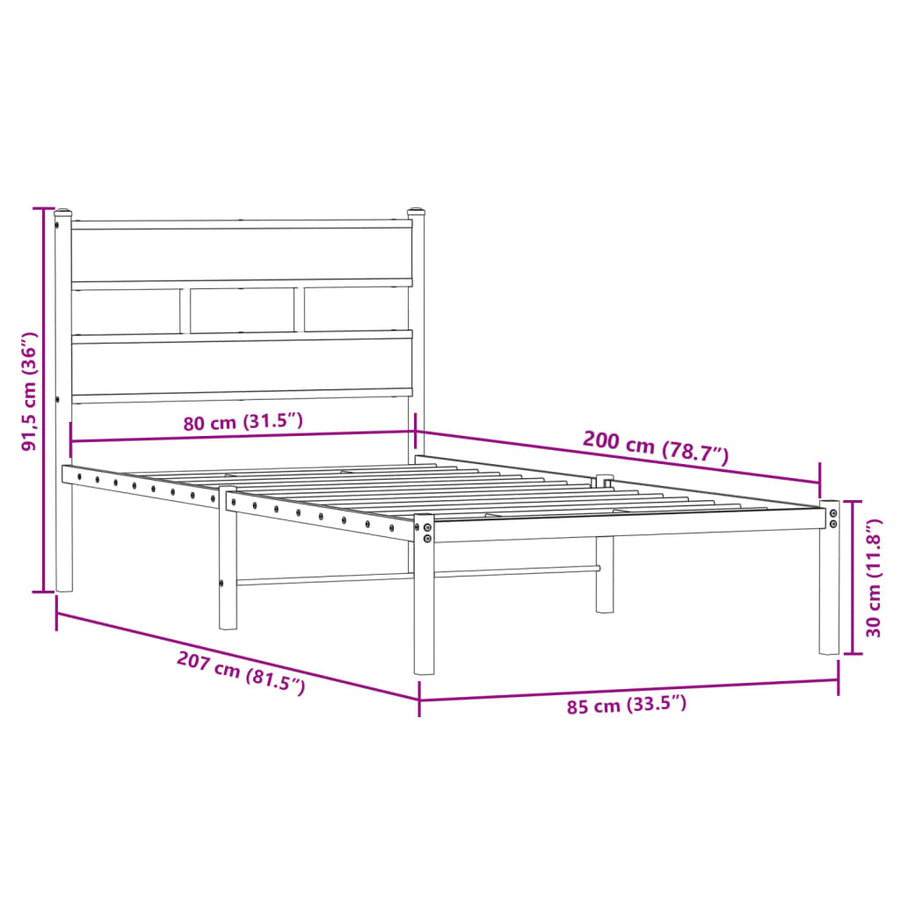 Bedframe zonder matras metaal gerookt eikenkleurig 80x200 cm