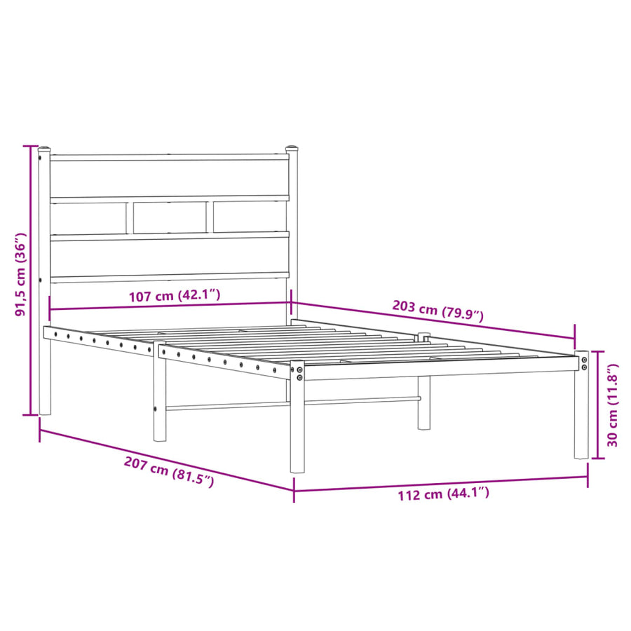 Bedframe zonder matras metaal gerookt eikenkleurig 107x203 cm