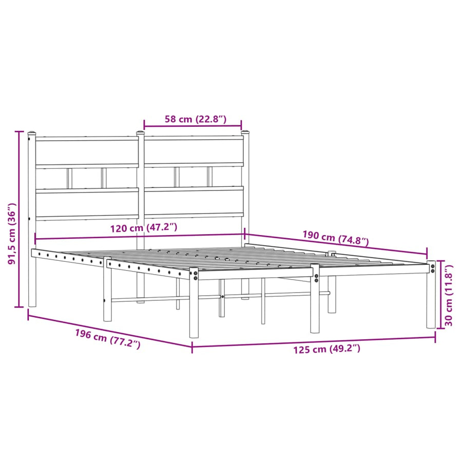 Bedframe zonder matras metaal gerookt eikenkleurig 120x190 cm