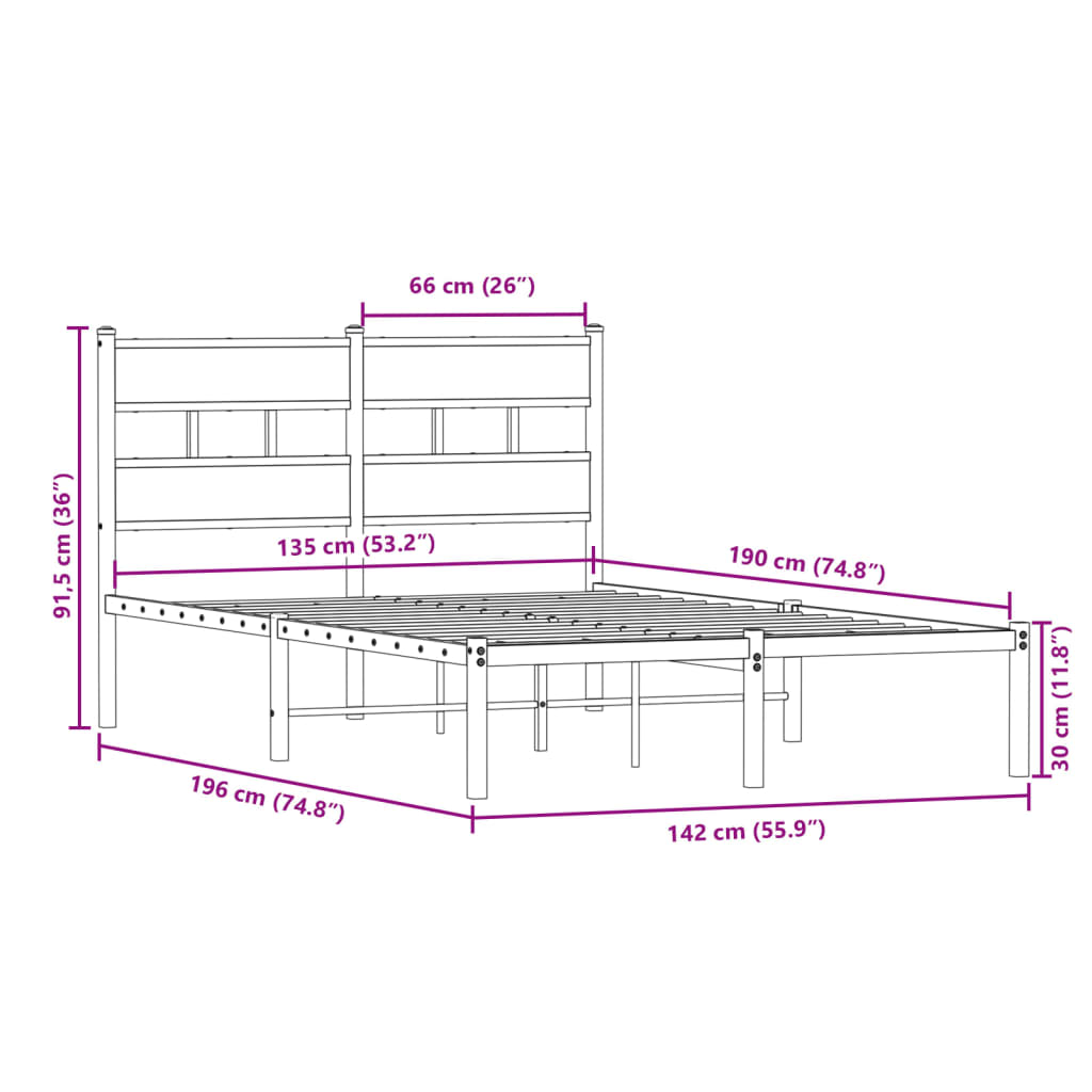 Bedframe zonder matras metaal gerookt eikenkleurig 135x190 cm