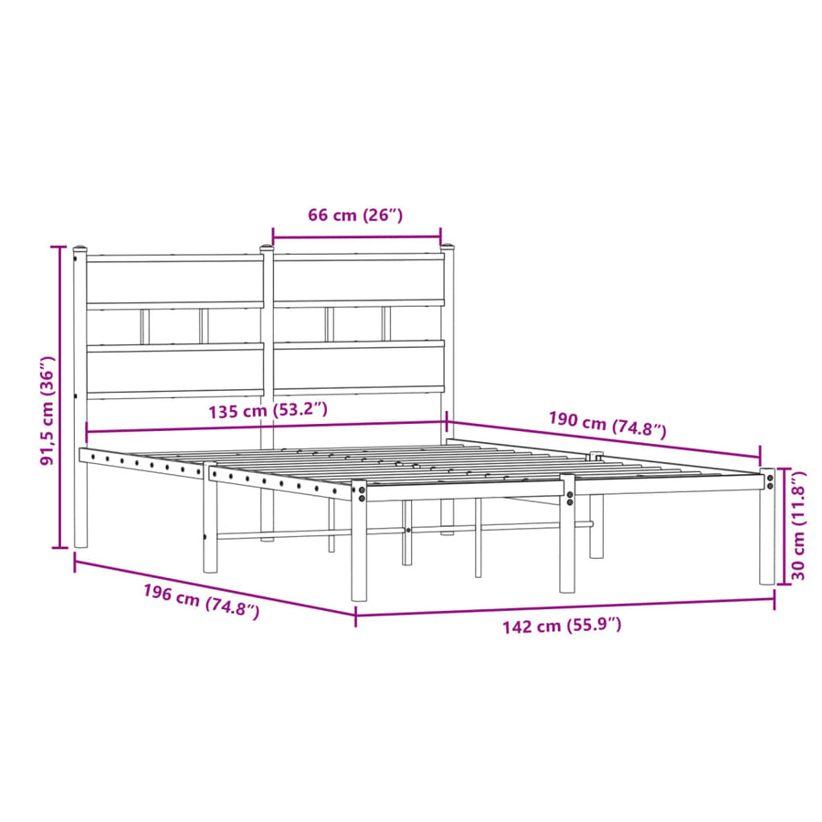 Bedframe zonder matras metaal gerookt eikenkleurig 135x190 cm