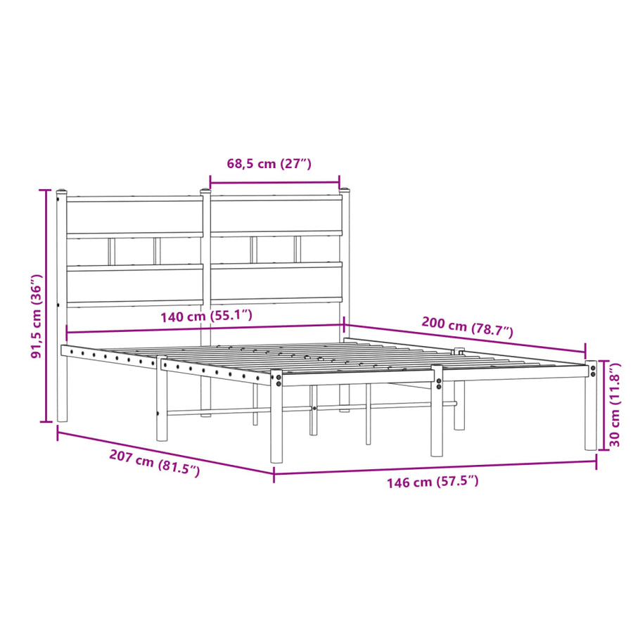 Bedframe zonder matras metaal gerookt eikenkleurig 140x200 cm