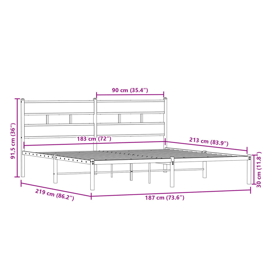 Bedframe zonder matras metaal gerookt eikenkleurig 183x213 cm