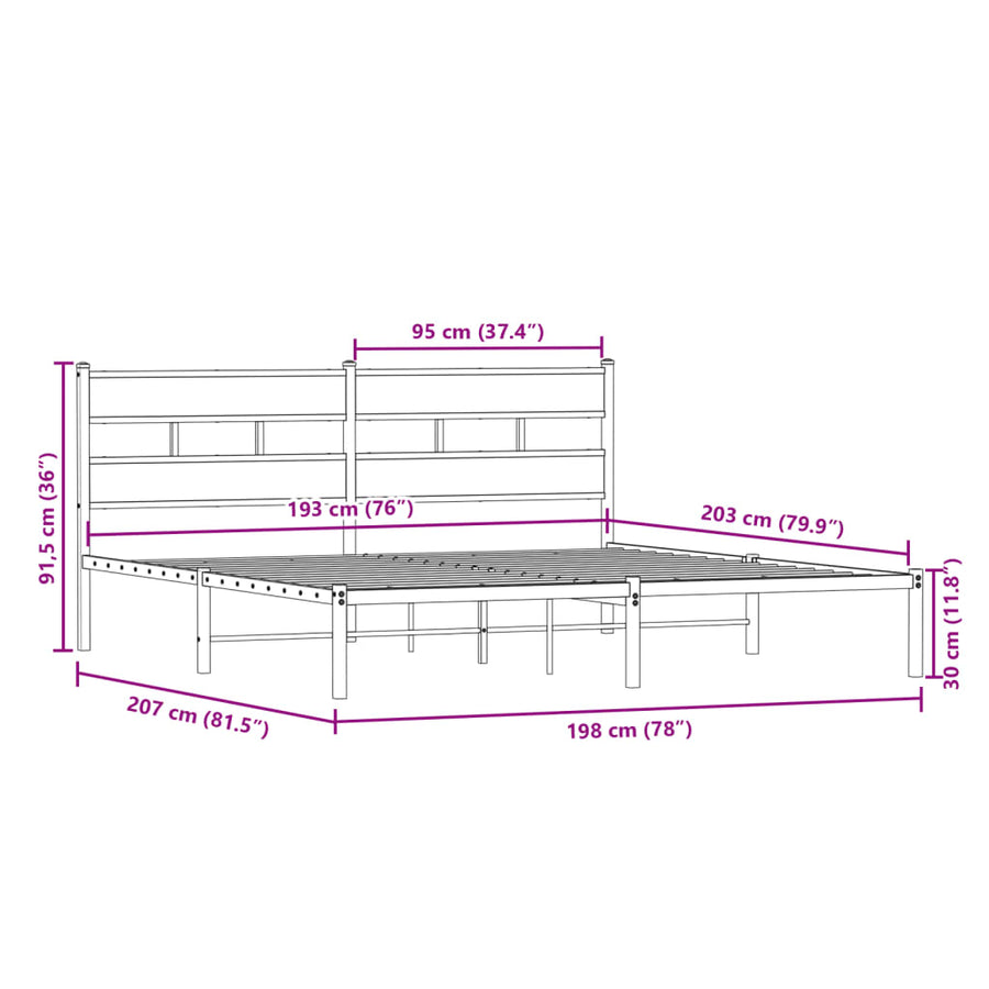 Bedframe zonder matras metaal gerookt eikenkleurig 193x203 cm