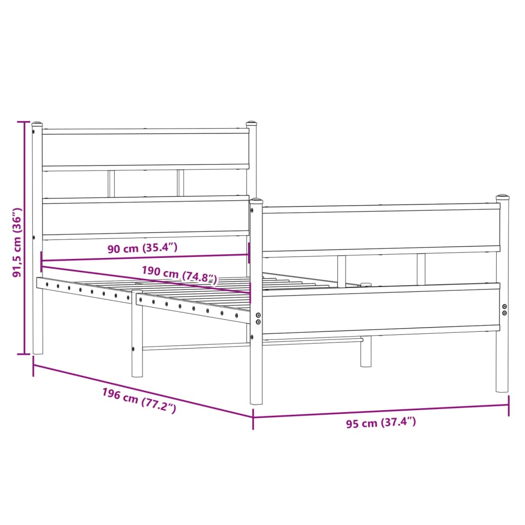 Bedframe zonder matras metaal gerookt eikenkleurig 90x190 cm