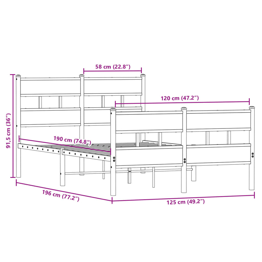 Bedframe zonder matras metaal gerookt eikenkleurig 120x190 cm