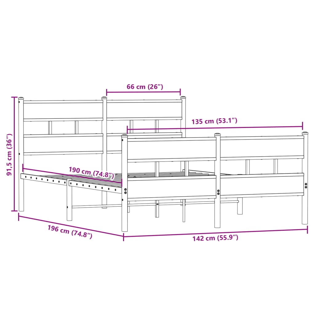Bedframe zonder matras metaal gerookt eikenkleurig 135x190 cm