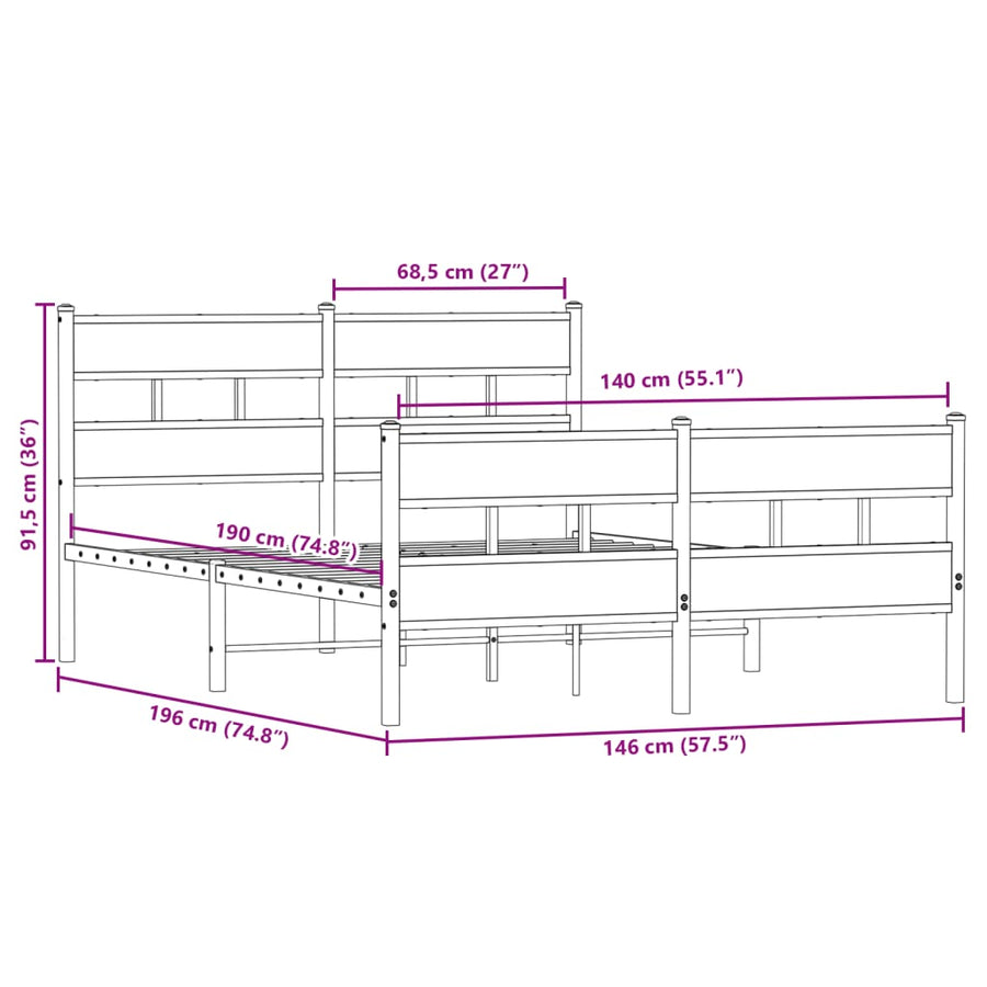 Bedframe zonder matras metaal gerookt eikenkleurig 140x190 cm