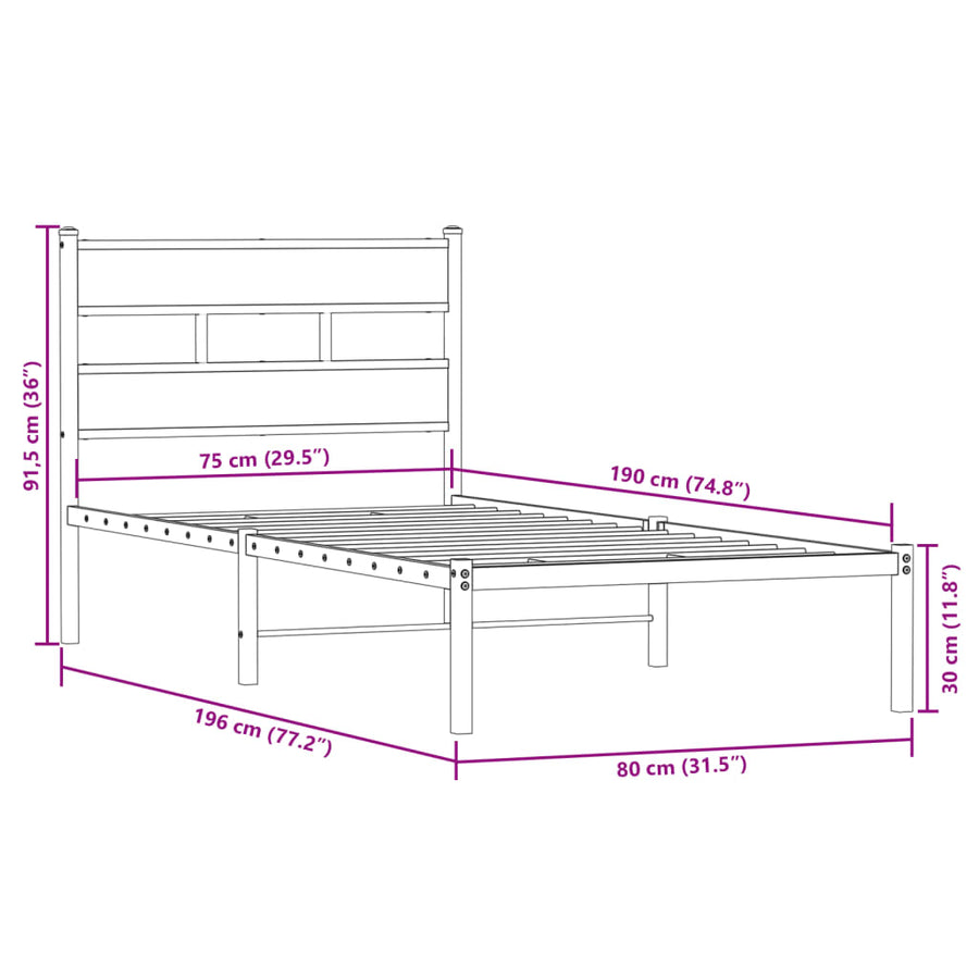 Bedframe zonder matras metaal sonoma eikenkleurig 75x190 cm